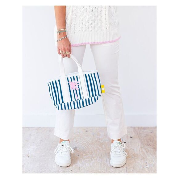 KERRI ROSENTHAL Women's White Striped Canvas Top Handle Strap Tote Handbag Purse - Picture 2 of 3